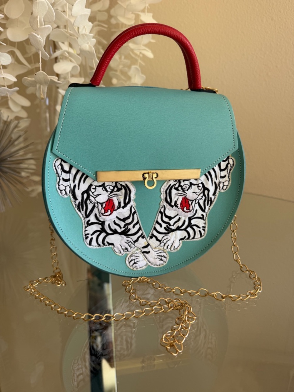 Turquoise Top-Handle Circle Bag with Tiger Embroidery